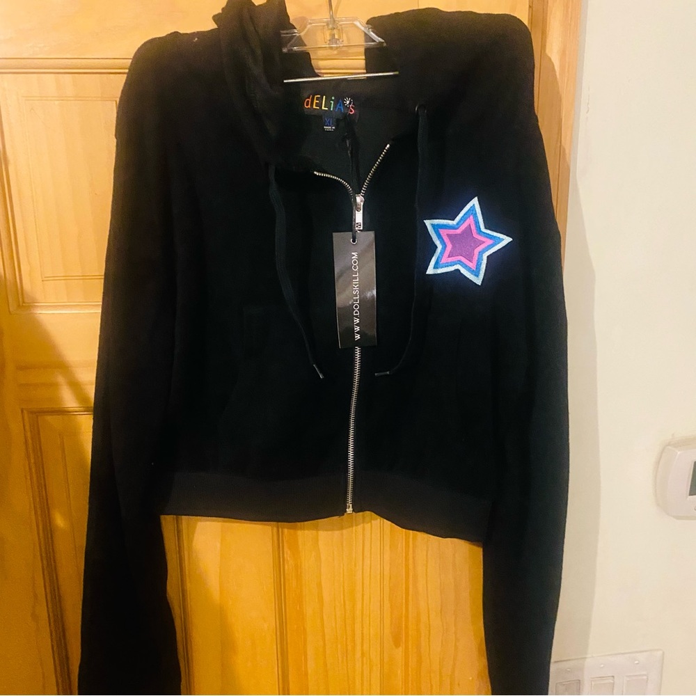NWT - dELiA*s by Dolls Kill - Spacey Waves Star Black Terry Track Jacket - XL